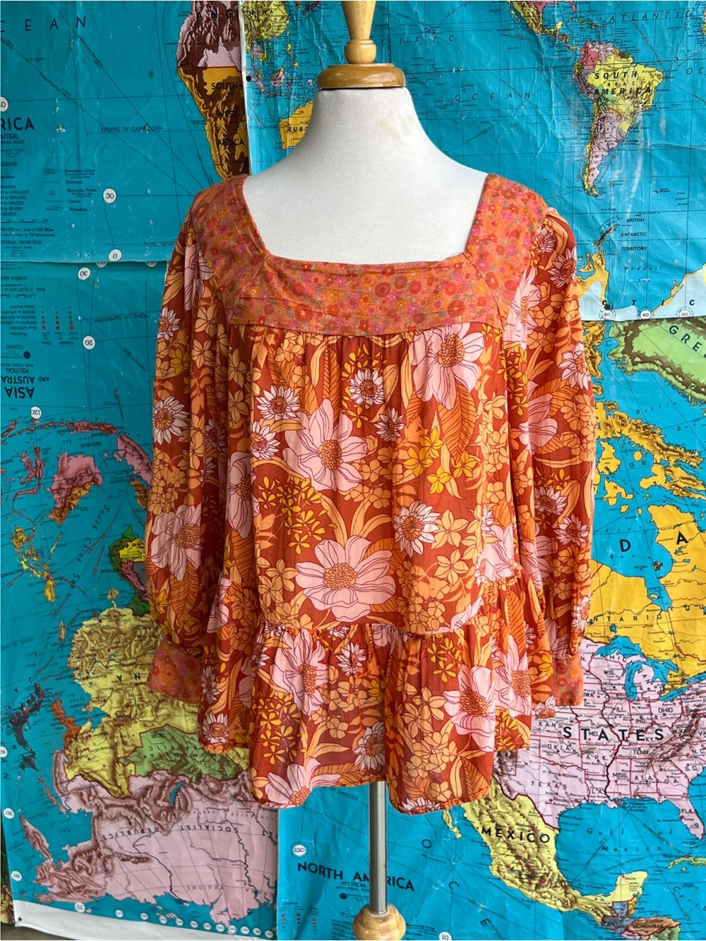 American Apparel Floral Tiered Peasant Tunic in Orange and Pink